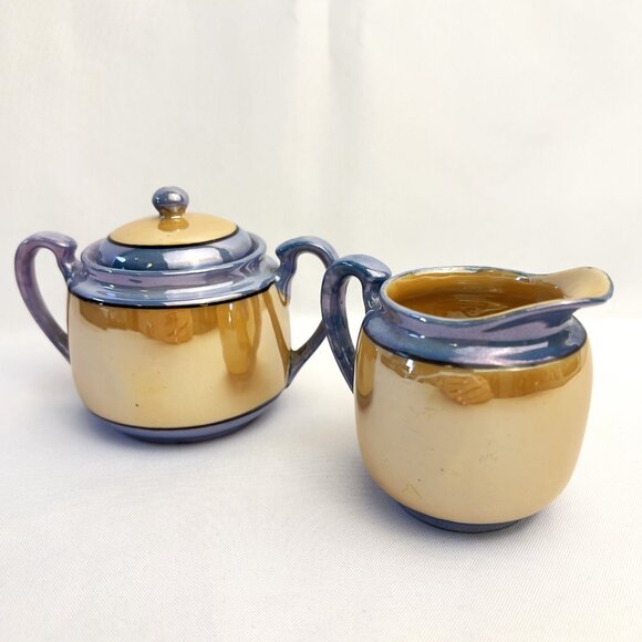 Japanese Vintage Lusterware Sugar & Creamer Set Iridescent Purple Glaze - Picture 6 of 10